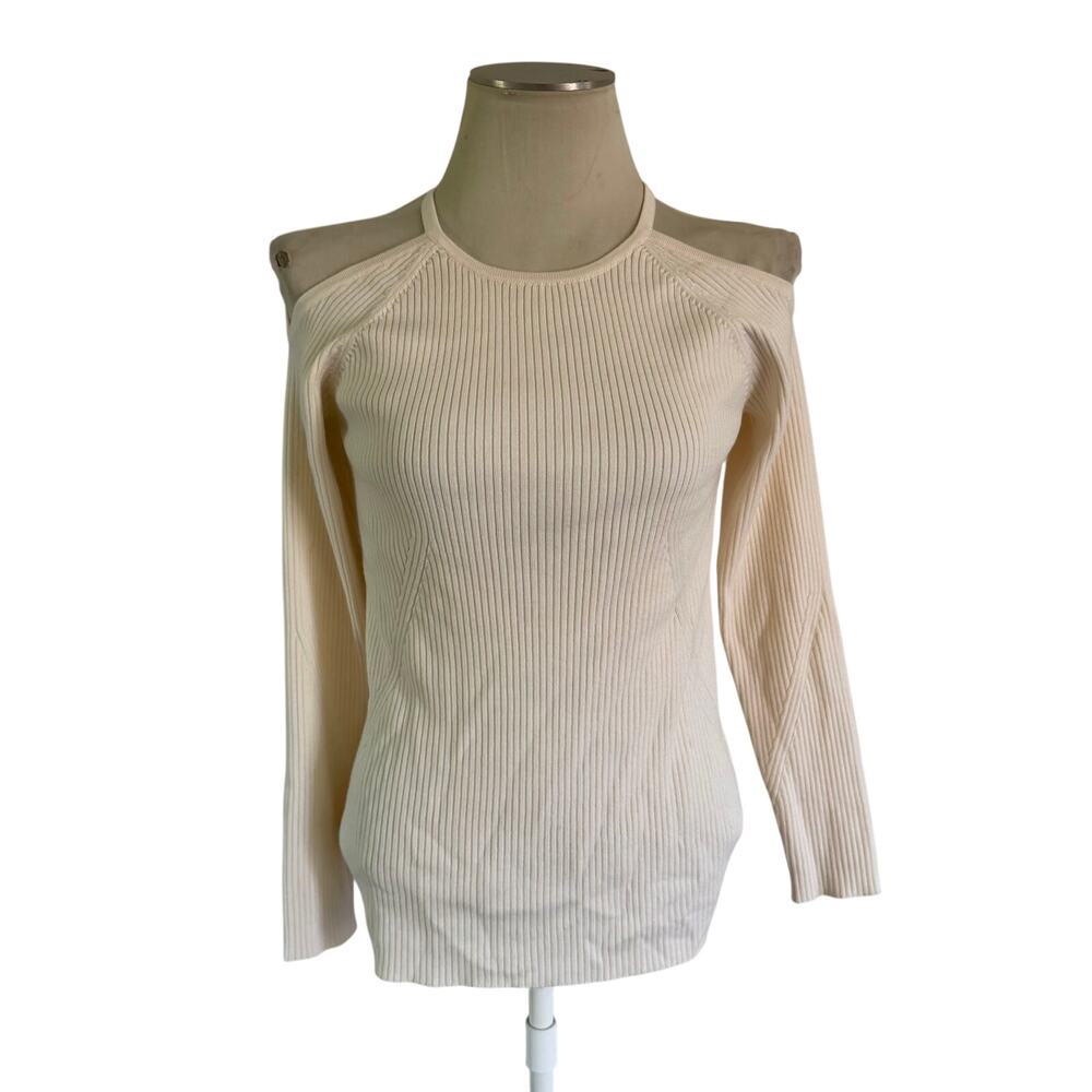 Trina Turk Cream Merino Wool Ribbed Cold Shoulder Sweater Sz M